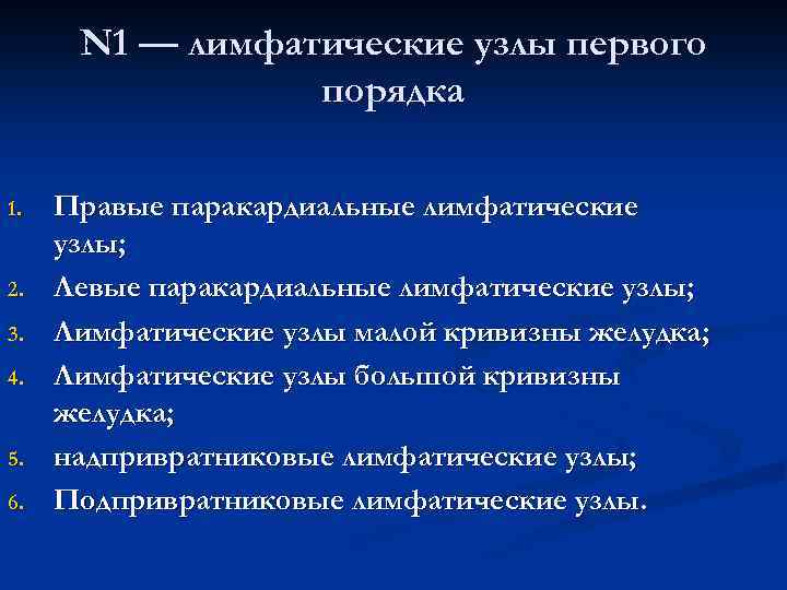  N 1 — лимфатические узлы первого порядка 1. Правые паракардиальные лимфатические узлы; 2.