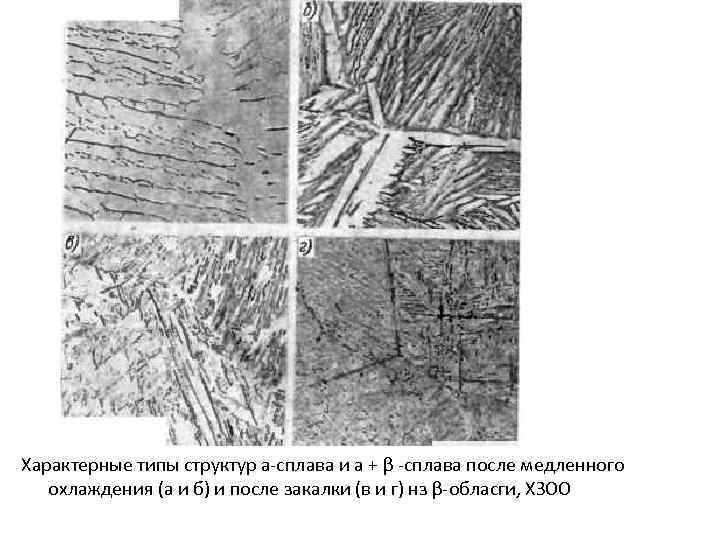 Характерные типы структур а-сплава и а + β -сплава после медленного охлаждения (а и