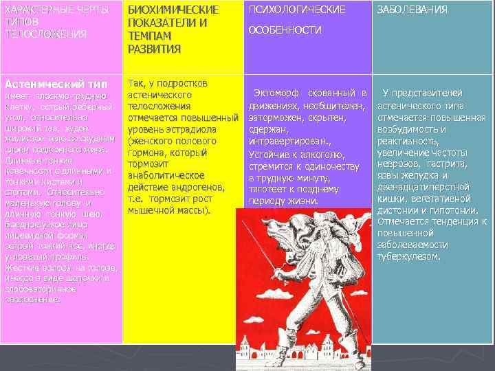ХАРАКТЕРНЫЕ ЧЕРТЫ ТИПОВ ТЕЛОСЛОЖЕНИЯ БИОХИМИЧЕСКИЕ ПОКАЗАТЕЛИ И ТЕМПАМ РАЗВИТИЯ Астенический тип Так, у подростков