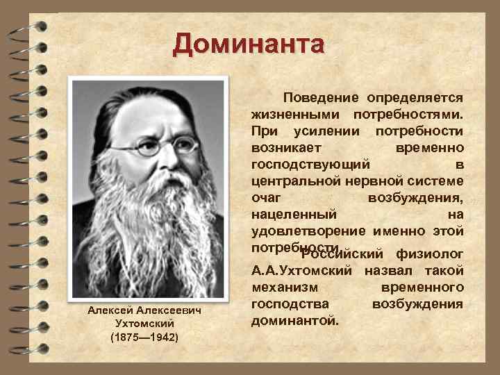 Доминанта Поведение определяется жизненными потребностями. При усилении потребности возникает временно господствующий в центральной нервной