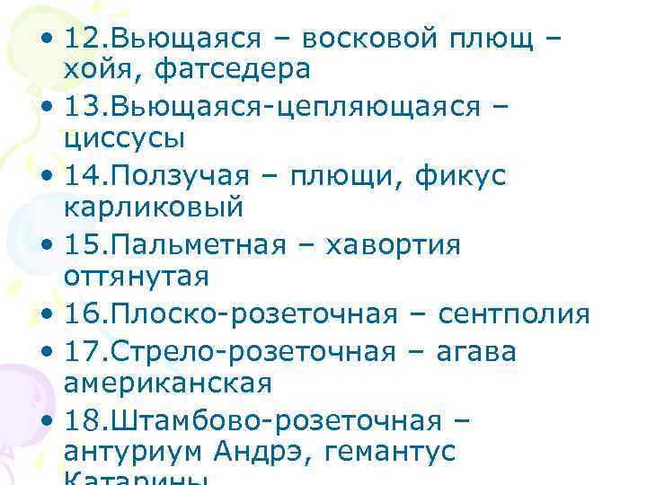  • 12. Вьющаяся – восковой плющ – хойя, фатседера • 13. Вьющаяся-цепляющаяся –