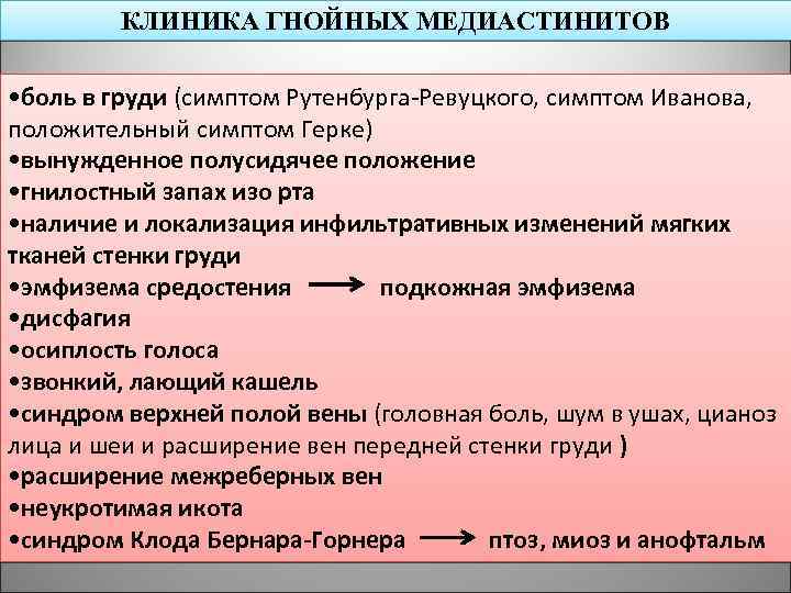 КЛИНИКА ГНОЙНЫХ МЕДИАСТИНИТОВ • боль в груди (симптом Рутенбурга-Ревуцкого, симптом Иванова, положительный симптом Герке)