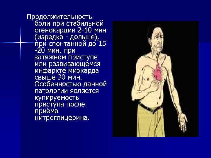 Продолжительность боли при стабильной стенокардии 2 -10 мин (изредка - дольше), при спонтанной до