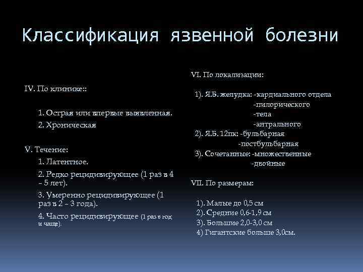 Классификация язвенной болезни VI. По локализации: IV. По клинике: : 1. Острая или впервые