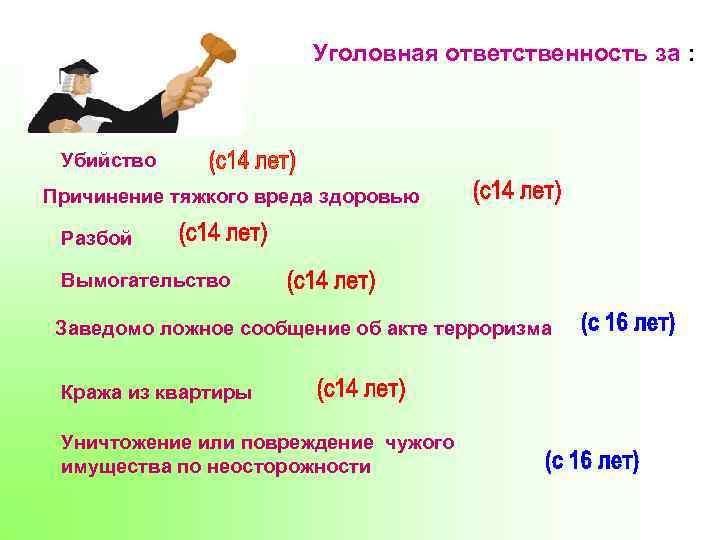Уголовная ответственность за : Убийство Причинение тяжкого вреда здоровью Разбой Вымогательство Заведомо ложное сообщение