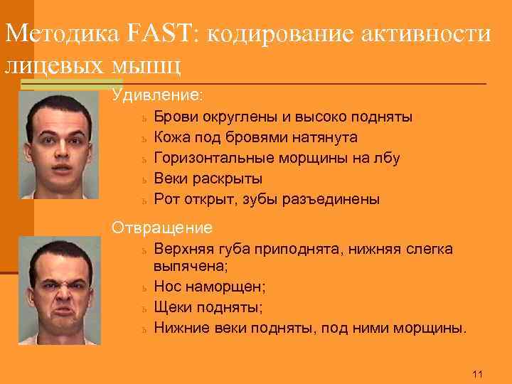 Методика FAST: кодирование активности лицевых мышц Удивление: ь ь ь Брови округлены и высоко