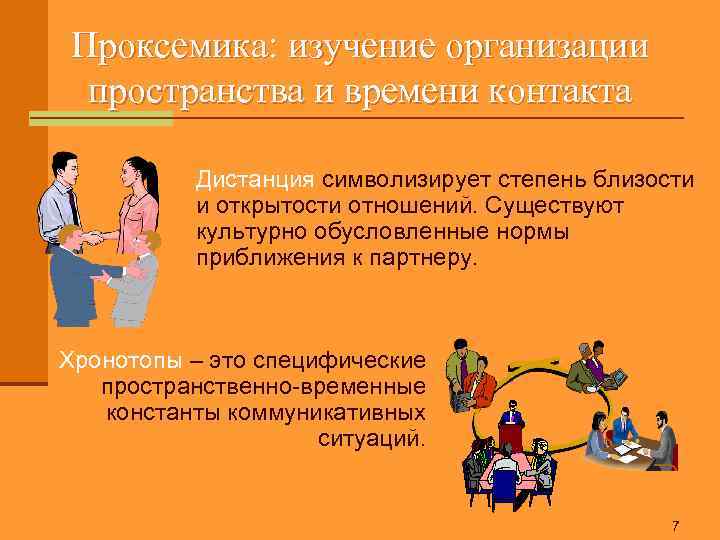 Проксемика: изучение организации пространства и времени контакта Дистанция символизирует степень близости и открытости отношений.