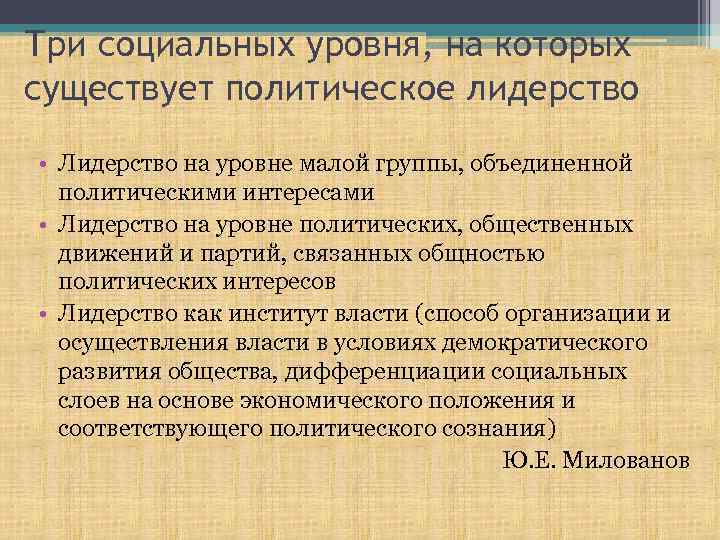Три социальных уровня, на которых существует политическое лидерство • Лидерство на уровне малой группы,