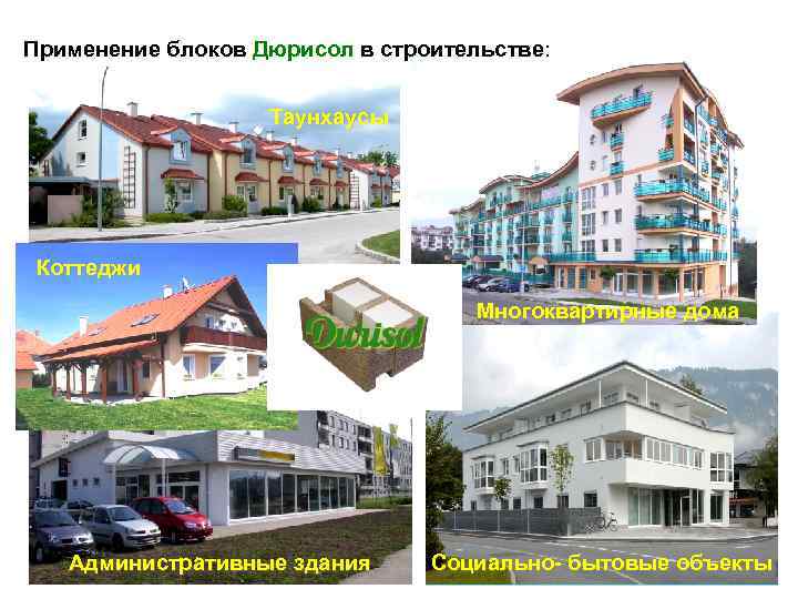 Применение блоков Дюрисол в строительстве: Таунхаусы Коттеджи Многоквартирные дома Административные здания Социально- бытовые объекты