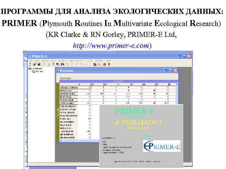 ПРОГРАММЫ ДЛЯ АНАЛИЗА ЭКОЛОГИЧЕСКИХ ДАННЫХ: PRIMER (Plymouth Routines In Multivariate Ecological Research) (KR Clarke