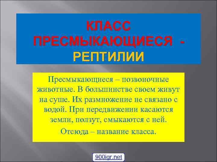 КЛАСС ПРЕСМЫКАЮЩИЕСЯ РЕПТИЛИИ Пресмыкающиеся – позвоночные животные. В большинстве своем живут на суше. Их