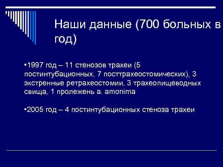 Наши данные (700 больных в год) • 1997 год – 11 стенозов трахеи (5