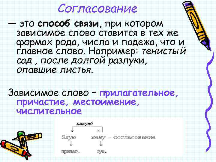 Согласование — это способ связи, при котором зависимое слово ставится в тех же формах