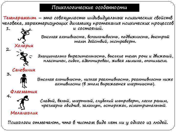 Психологические особенности Темперамент – это совокупность индивидуальных психических свойств человека, характеризующих динамику протекания психических