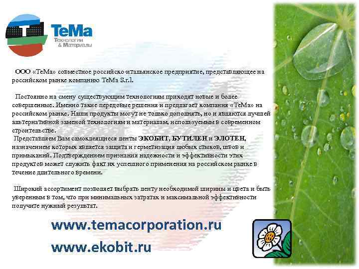  ООО «Те. Ма» совместное российско-итальянское предприятие, представляющее на российском рынке компанию Te. Ma
