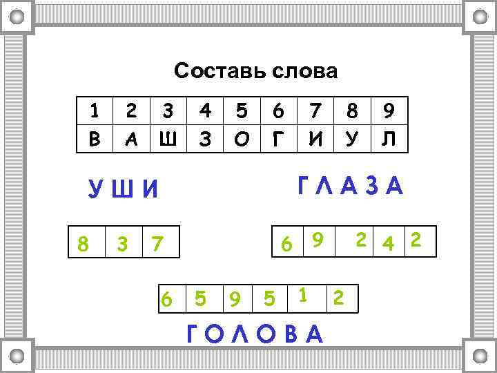 Составь слова 1 В 2 А 3 Ш 4 З 5 О 6 Г