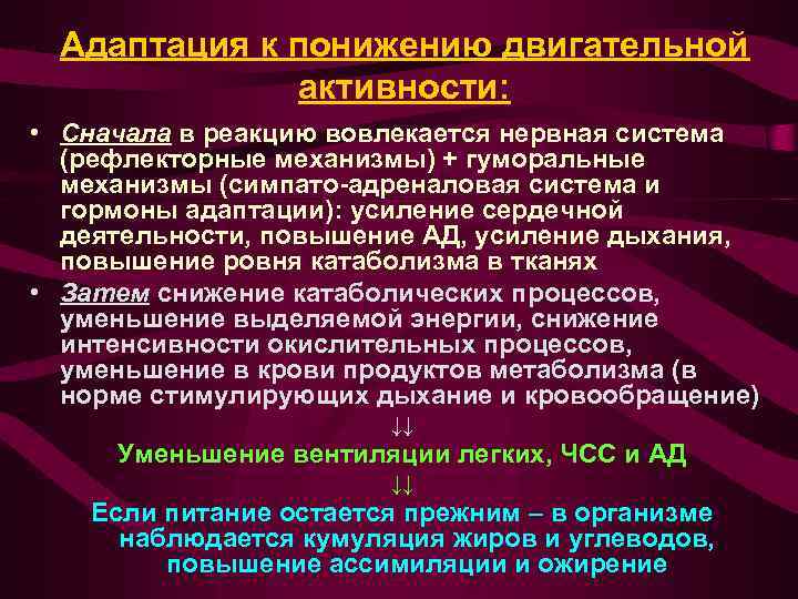 Адаптация к понижению двигательной активности: • Сначала в реакцию вовлекается нервная система (рефлекторные механизмы)