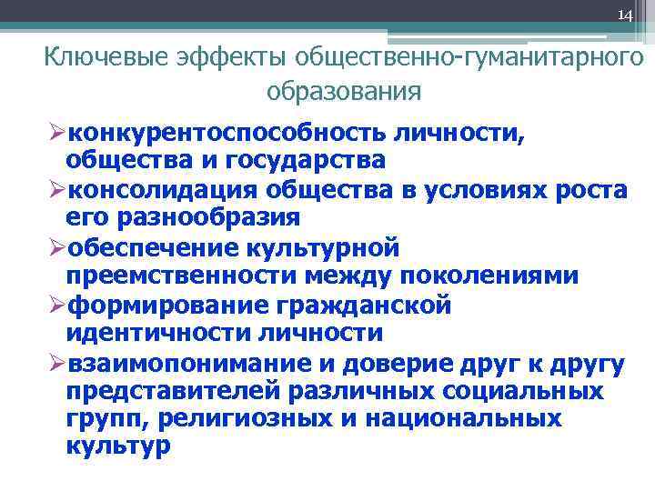 14 Ключевые эффекты общественно-гуманитарного образования Øконкурентоспособность личности, общества и государства Øконсолидация общества в условиях