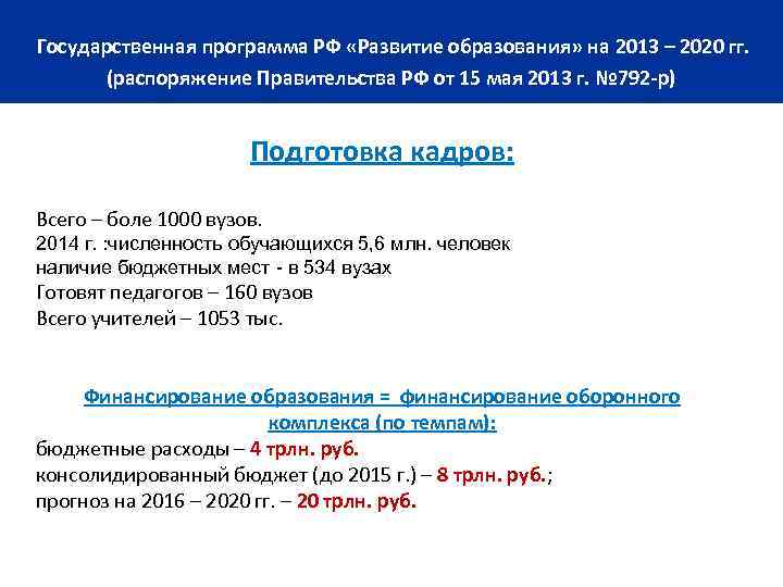 16 Государственная программа РФ «Развитие образования» на 2013 – 2020 гг. (распоряжение Правительства РФ