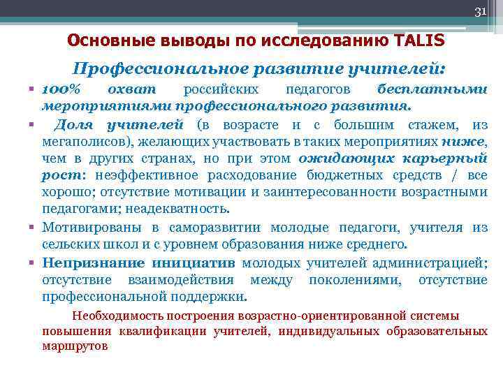 31 Основные выводы по исследованию TALIS Профессиональное развитие учителей: § 100% охват российских педагогов