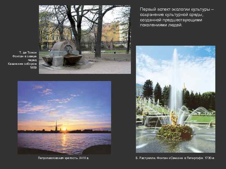 Первый аспект экологии культуры – сохранение культурной среды, созданной предшествующими поколениями людей. Т. де