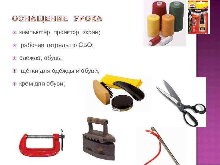  компьютер, проектор, экран; рабочая тетрадь по СБО; одежда, обувь ; щётки для одежды
