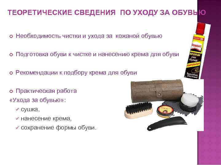 ТЕОРЕТИЧЕСКИЕ СВЕДЕНИЯ ПО УХОДУ ЗА ОБУВЬЮ Необходимость чистки и ухода за кожаной обувью Подготовка