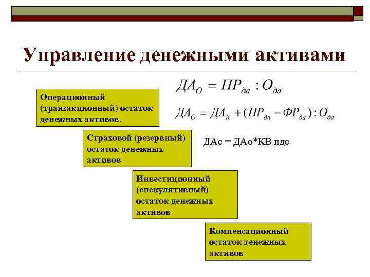 Управление денежными активами Операционный (транзакционный) остаток денежных активов. Страховой (резервный) остаток денежных активов ДАс