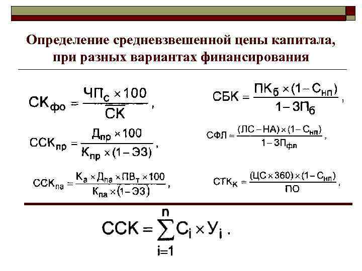 Определение средневзвешенной цены капитала, при разных вариантах финансирования 