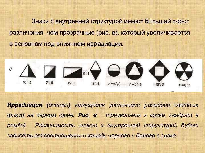 Знаки с внутренней структурой имеют больший порог различения, чем прозрачные (рис. в), который