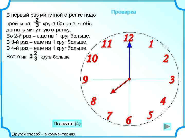 В первый раз минутной стрелке надо Проверка 2 пройти на 3 круга больше, чтобы
