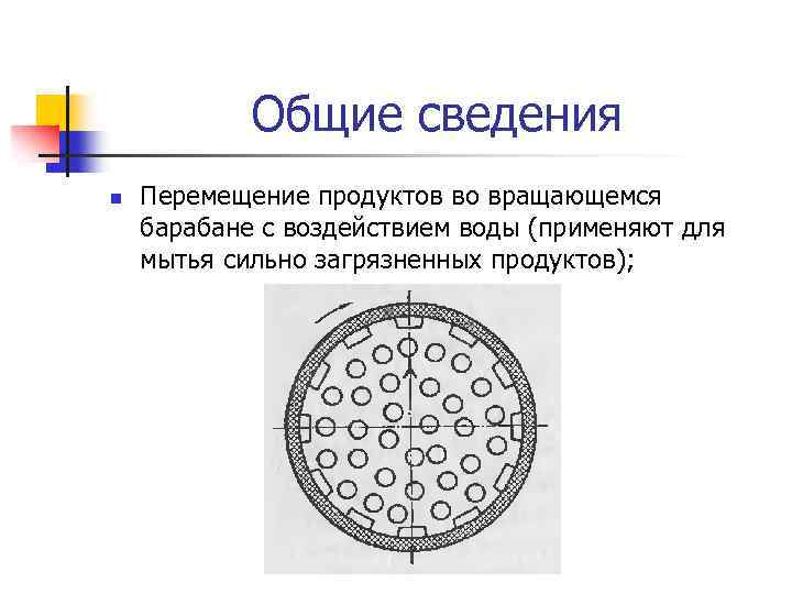 Общие сведения n Перемещение продуктов во вращающемся барабане с воздействием воды (применяют для мытья