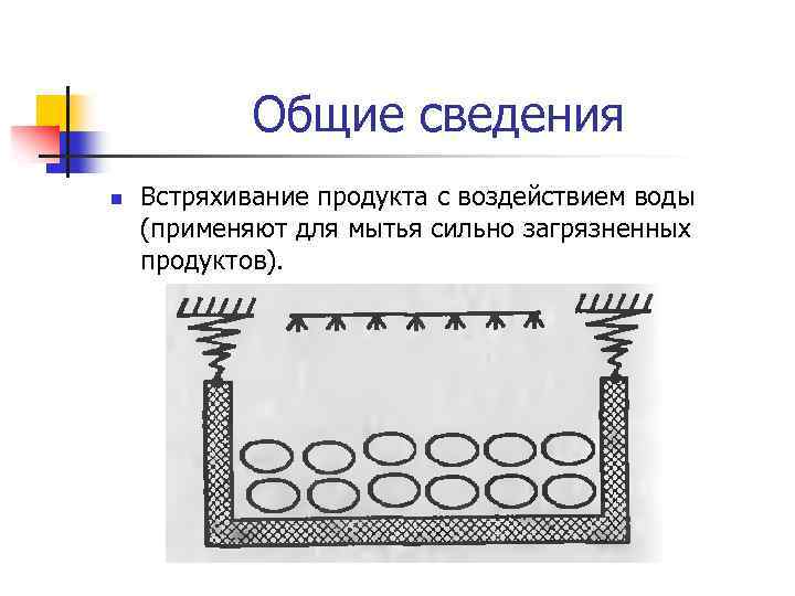 Общие сведения n Встряхивание продукта с воздействием воды (применяют для мытья сильно загрязненных продуктов).