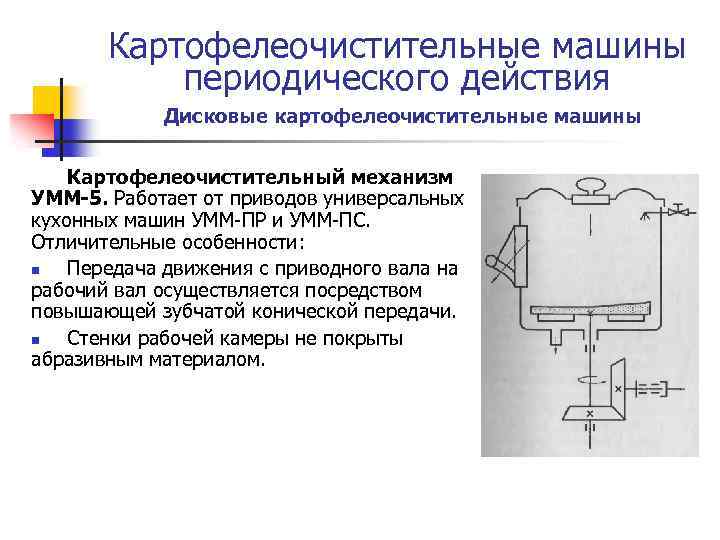 Картофелеочистительные машины периодического действия Дисковые картофелеочистительные машины Картофелеочистительный механизм УММ-5. Работает от приводов универсальных