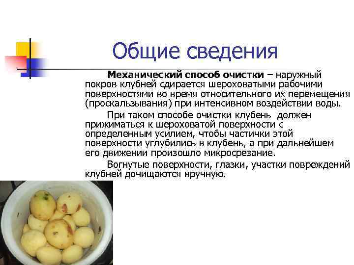 Общие сведения Механический способ очистки – наружный покров клубней сдирается шероховатыми рабочими поверхностями во