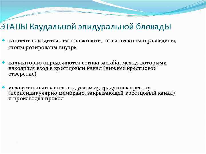 ЭТАПЫ Каудальной эпидуральной блокад. Ы пациент находится лежа на животе, ноги несколько разведены, стопы
