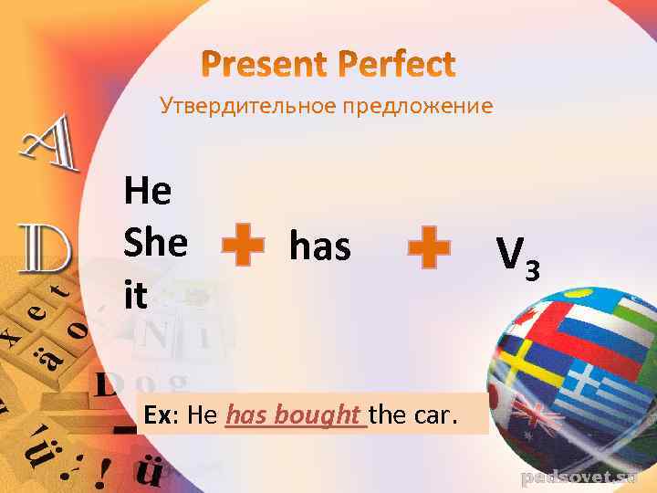 Утвердительное предложение He She it has Ex: He has bought the car. V 3