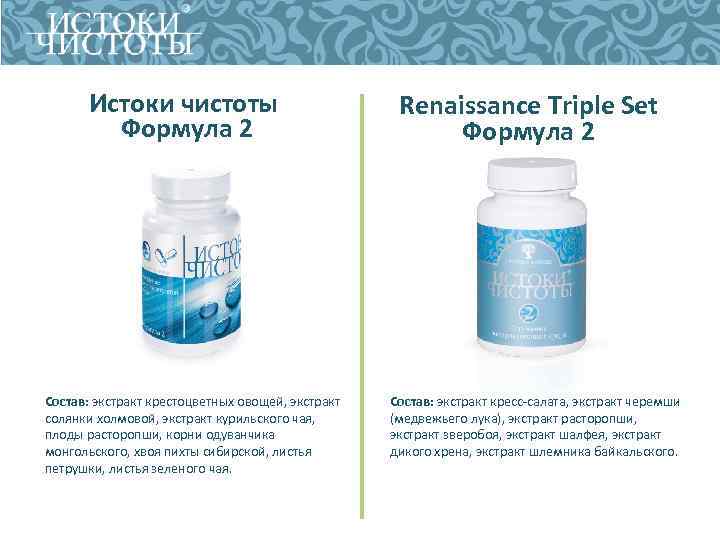 Истоки чистоты Формула 2 Состав: экстракт крестоцветных овощей, экстракт солянки холмовой, экстракт курильского чая,