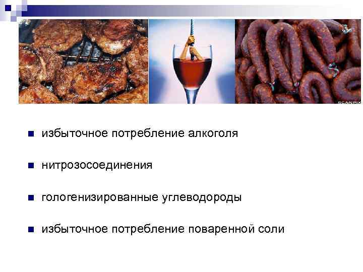 n избыточное потребление алкоголя n нитрозосоединения n гологенизированные углеводороды n избыточное потребление поваренной соли