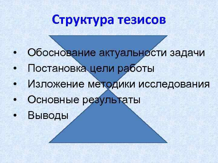 Структура тезисов • • • Обоснование актуальности задачи Постановка цели работы Изложение методики исследования