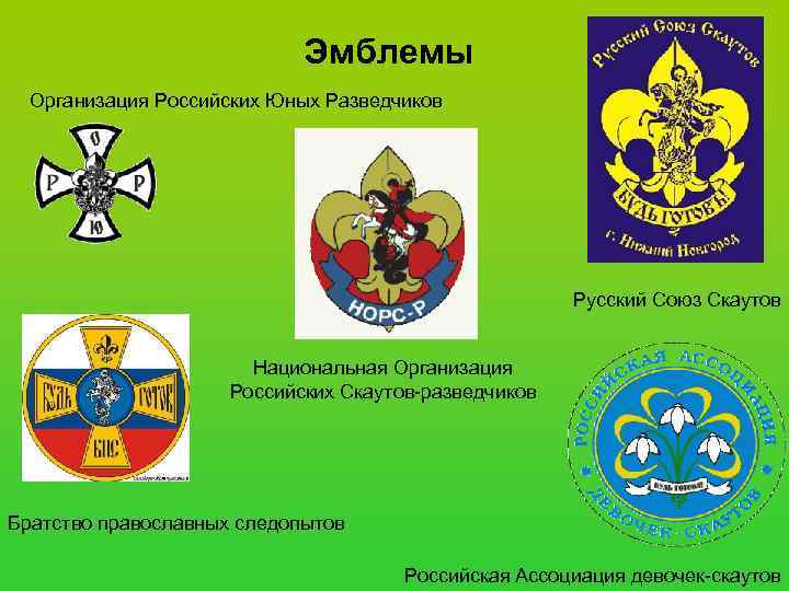 Эмблемы Организация Российских Юных Разведчиков Русский Союз Скаутов Национальная Организация Российских Скаутов-разведчиков Братство православных