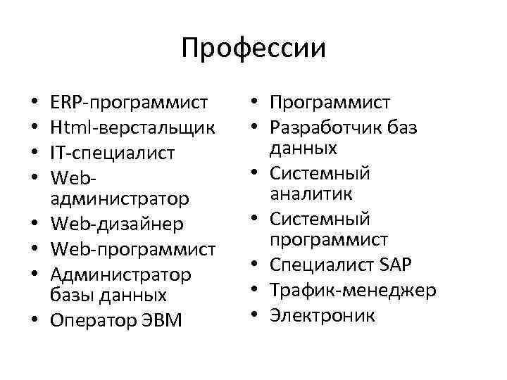 Профессии • • ERP-программист Html-верстальщик IT-специалист Webадминистратор Web-дизайнер Web-программист Администратор базы данных Оператор ЭВМ