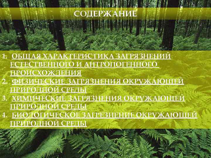 СОДЕРЖАНИЕ 1. ОБЩАЯ ХАРАКТЕРИСТИКА ЗАГРЯЗНЕНИЙ ЕСТЕСТВЕННОГО И АНТРОПОГЕННОГО ПРОИСХОЖДЕНИЯ 2. ФИЗИЧЕСКИЕ ЗАГРЯЗНЕНИЯ ОКРУЖАЮЩЕЙ ПРИРОДНОЙ