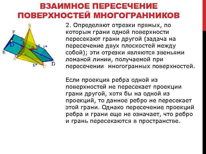 ВЗАИМНОЕ ПЕРЕСЕЧЕНИЕ ПОВЕРХНОСТЕЙ МНОГОГРАННИКОВ 2. Определяют отрезки прямых, по которым грани одной поверхности пересекают