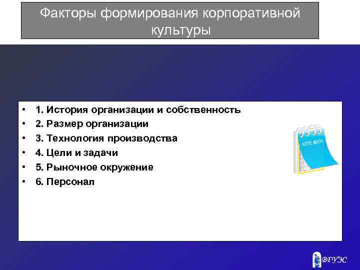 Факторы формирования корпоративной культуры • • • 1. История организации и собственность 2. Размер