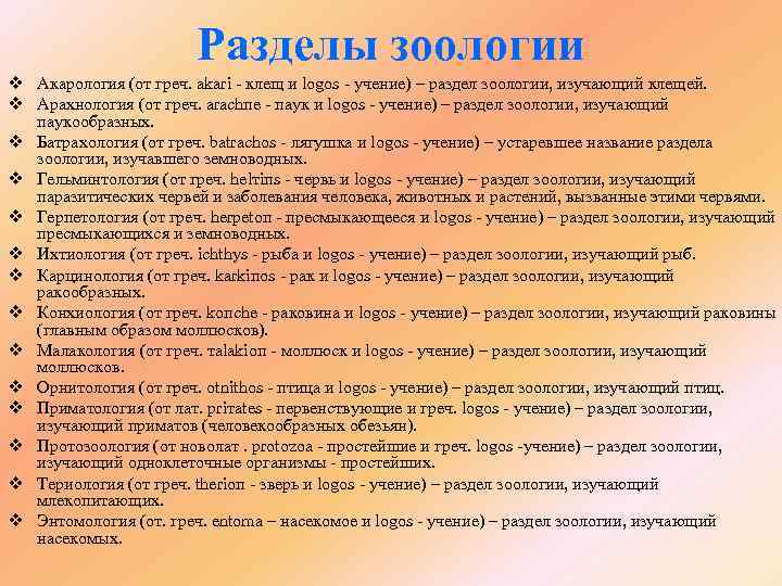 Разделы зоологии v Акарология (от греч. akari клещ и logos учение) – раздел зоологии,