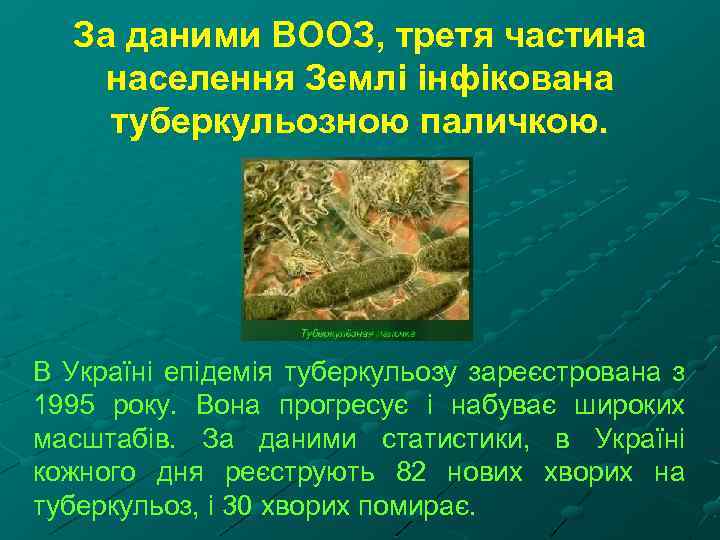 За даними ВООЗ, третя частина населення Землі інфікована туберкульозною паличкою. В Україні епідемія туберкульозу