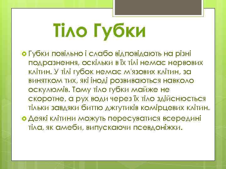 Тіло Губки повільно і слабо відповідають на різні подразнення, оскільки в їх тілі немає