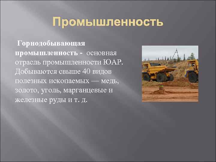 Промышленность Горнодобывающая промышленность - основная отрасль промышленности ЮАР. Добываются свыше 40 видов полезных ископаемых