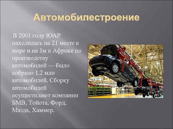 Автомобилестроение В 2001 году ЮАР находилась на 21 месте в мире и на 1